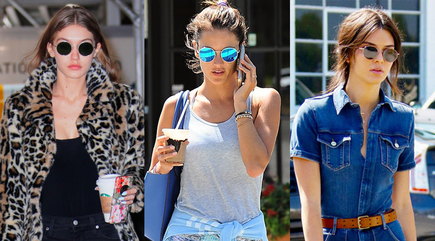 Kendall Jenner, Alessandra Ambrosio, and Gigi Hadid wearing round, colored sunglasses 