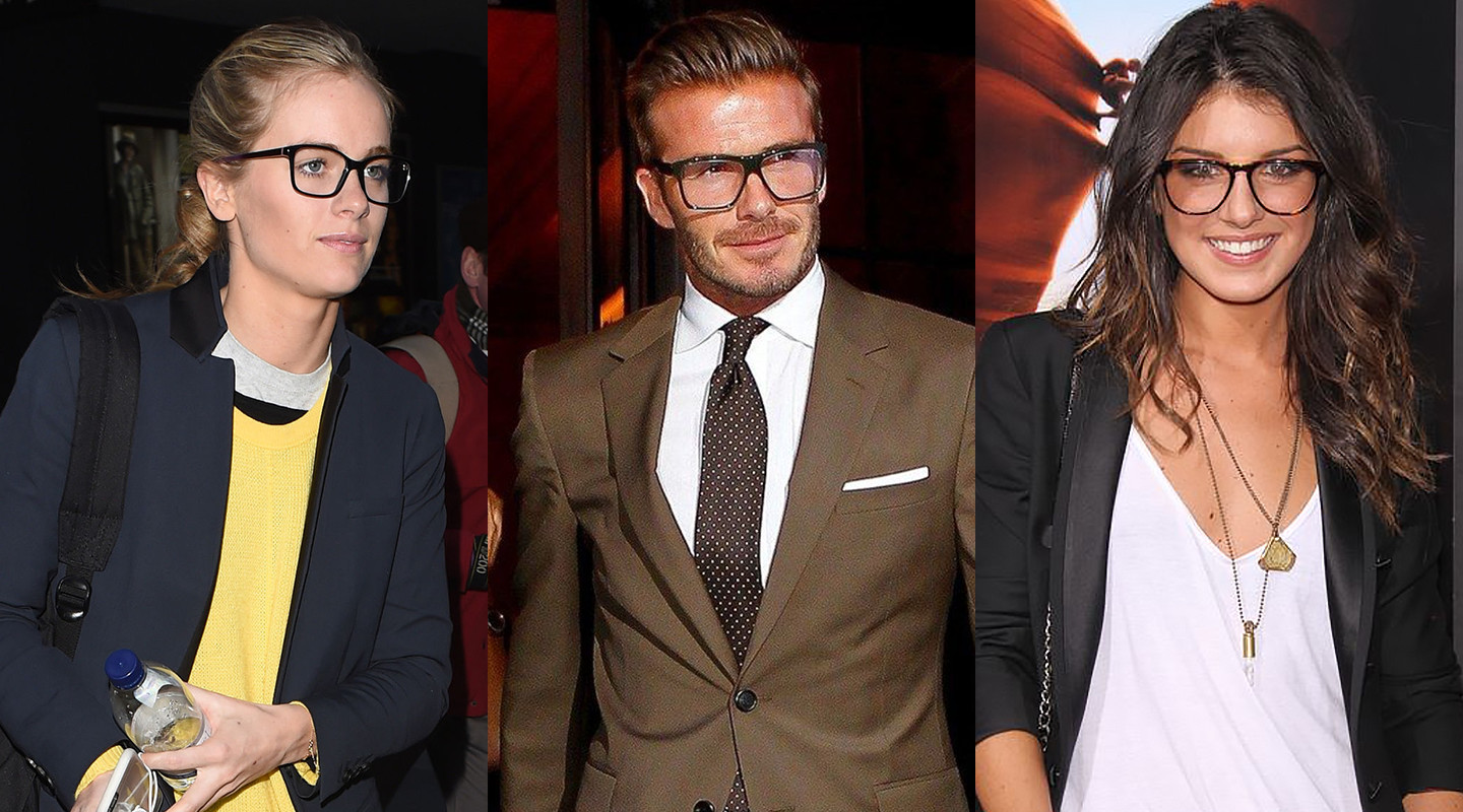 Cressida Bonas, David Beckham, and Shenae Grimes wearing angular eyeglasses