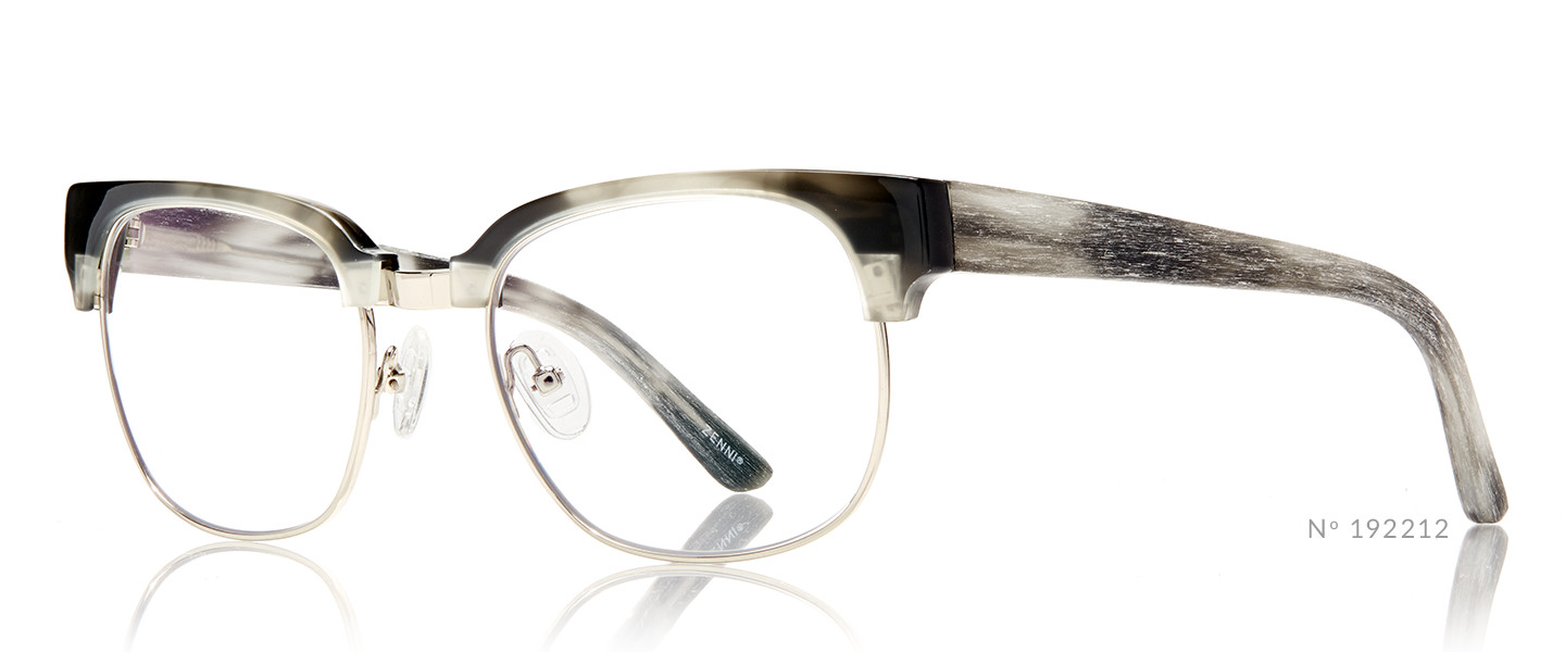 Horn-rimmed glasses with clear lenses and brushed gray-black gradient temples. Text: Enni N° 192212.