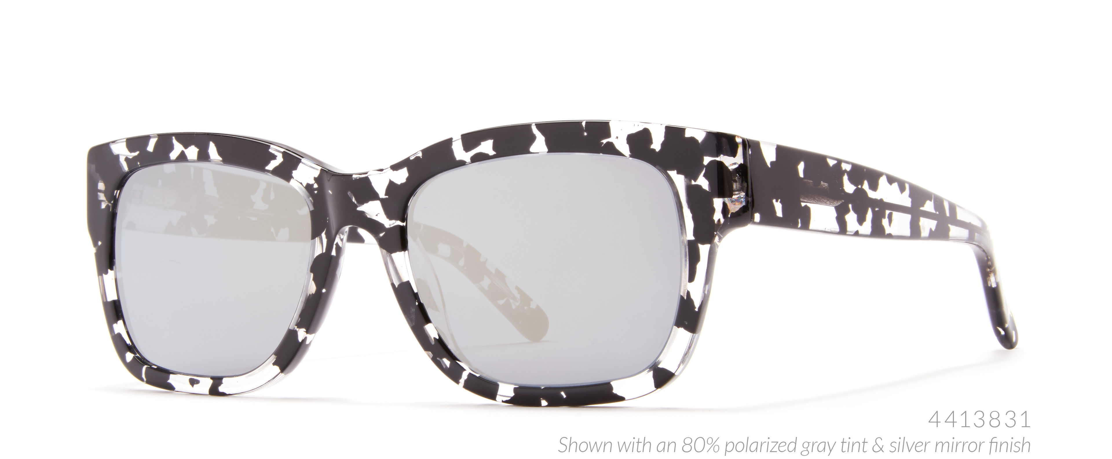 speckled black white glasses.