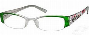 Green and clear eyeglasses with silver and black artistic designs on the arms.