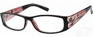 Black rectangular eyeglasses with pink floral patterns on the temples.