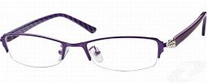 Purple rectangular eyeglasses with metal frame and clear nose pads.