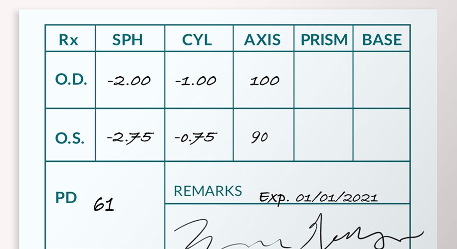 Rx prescription for O.D.: SPH -2.00, CYL -1.00, AXIS 100. O.S.: SPH -2.75, CYL -0.75, AXIS 90. PD: 61. Exp. 01/01/202