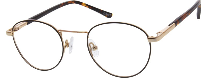 Round metal frame eyeglasses with tortoiseshell arms and labeled &quot;Zenni&quot; near the hinge.