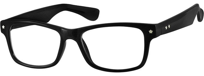 Black rectangular eyeglass frames with star and arrow-shaped embellishments on the temples.
