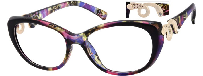 Cat-eye glasses with a colorful tortoiseshell frame and decorative gold accents on the temples.