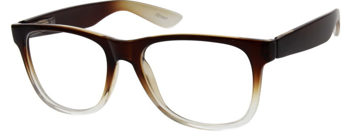 Brown and clear gradient eyeglasses frame with Zenni logo on the inner left temple.