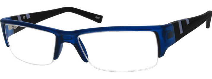 Blue rectangular half-rim eyeglasses with black and gray accents, model number visible on the arm.