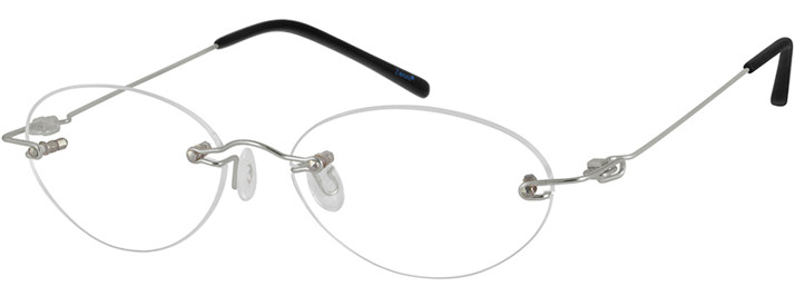 Rimless eyeglasses with clear nose pads, thin metal frame, and black rubber temple tips.