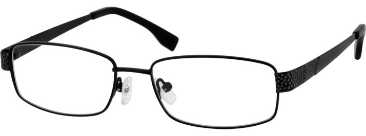 Rectangular black metal eyeglasses with patterned arms and adjustable nose pads.