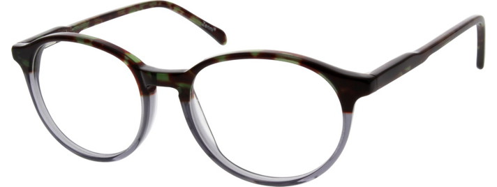 Brown and green tortoiseshell eyeglasses with round frames and clear lower rim.