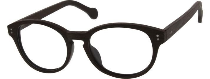Black, round eyeglasses with a minimalistic, modern design and two small silver dots on each temple.