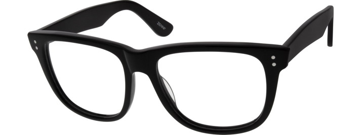 Black thick-rimmed eyeglasses with rectangular lenses and small white dots on the upper front corners