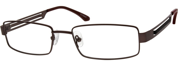 Rectangular frame eyeglasses with brown metal rims and split design on the temples.