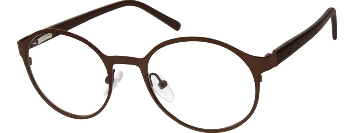 Round brown eyeglasses with thin metal frame and clear nose pads.