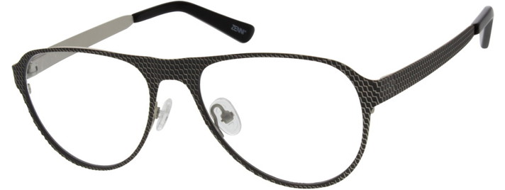 Black rectangular eyeglass frames with a textured design on the frame and &quot;ZENNI&quot; on the left temple.