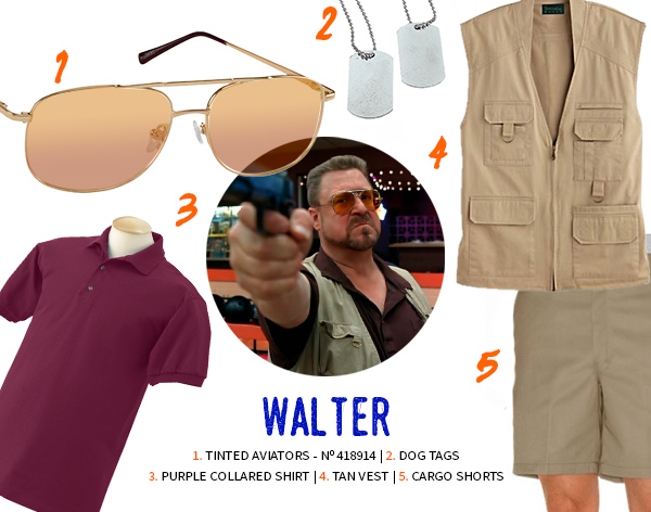 Walter costume set: 1. Tinted Aviators - N°418914 | 2. Dog Tags | 3. Purple Collared Shirt | 4. Tan Vest | 5. Cargo Shorts.