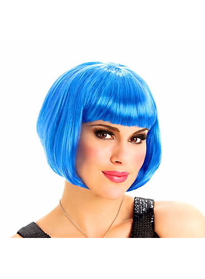 Woman wearing a bright blue bob wig with blunt bangs.