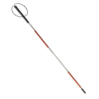 Collapsible white cane with a black handle and alternating red and white sections.