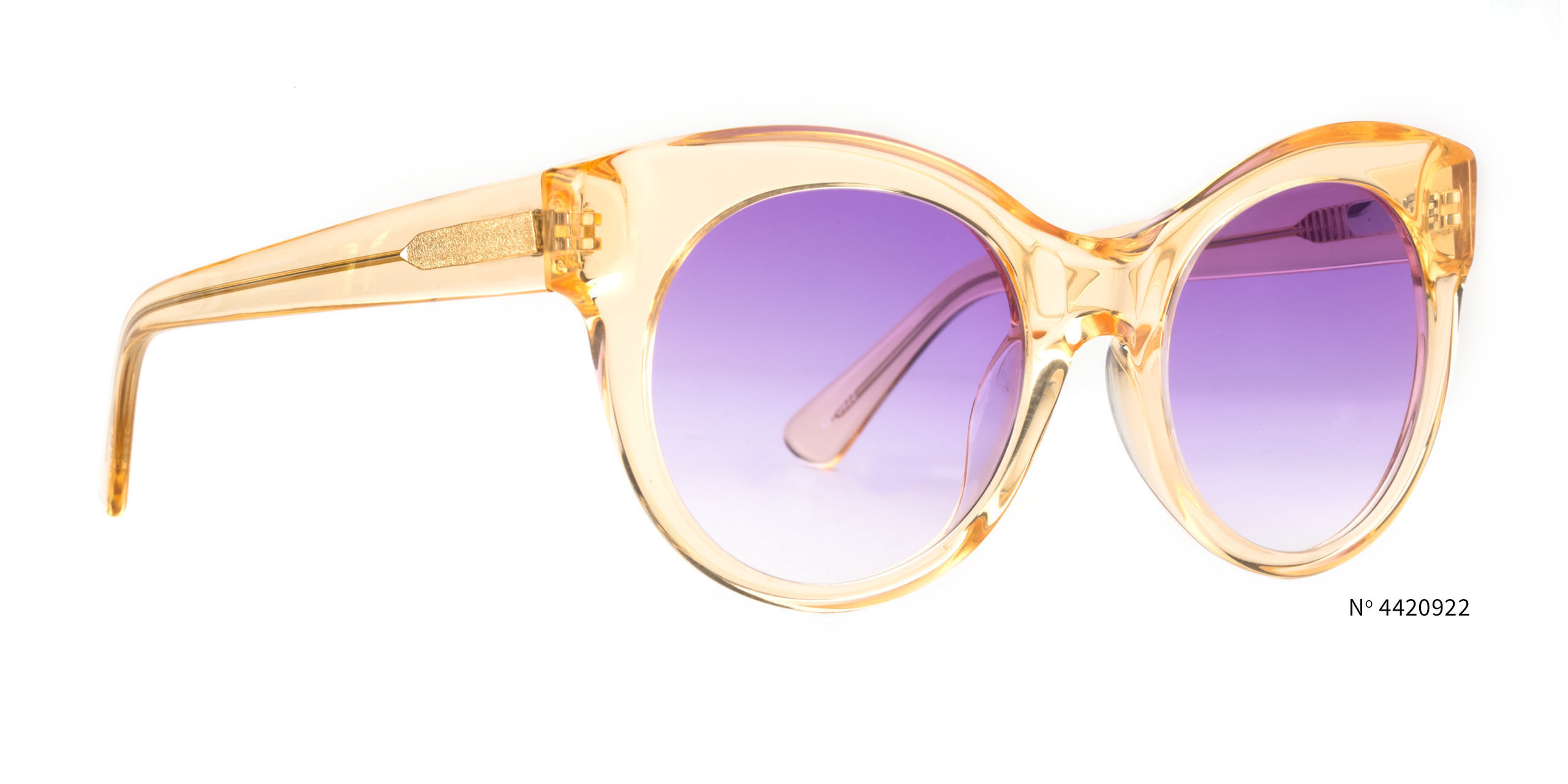 Transparent yellow sunglasses with purple gradient lenses. Text: N° 4420922.