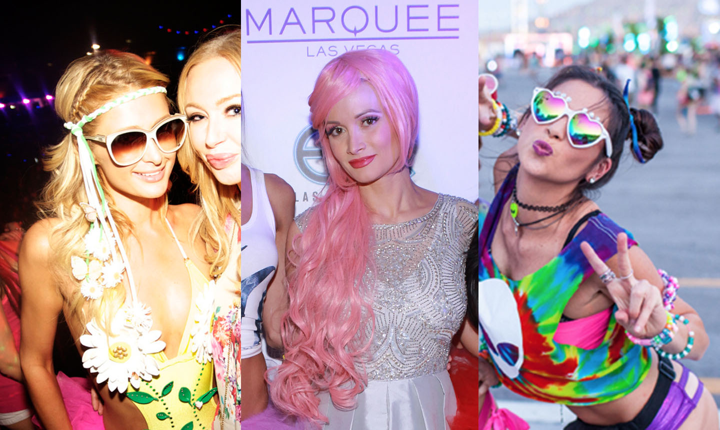 Three women in colorful festival outfits and accessories. Center background: Marquee Las Vegas logo.