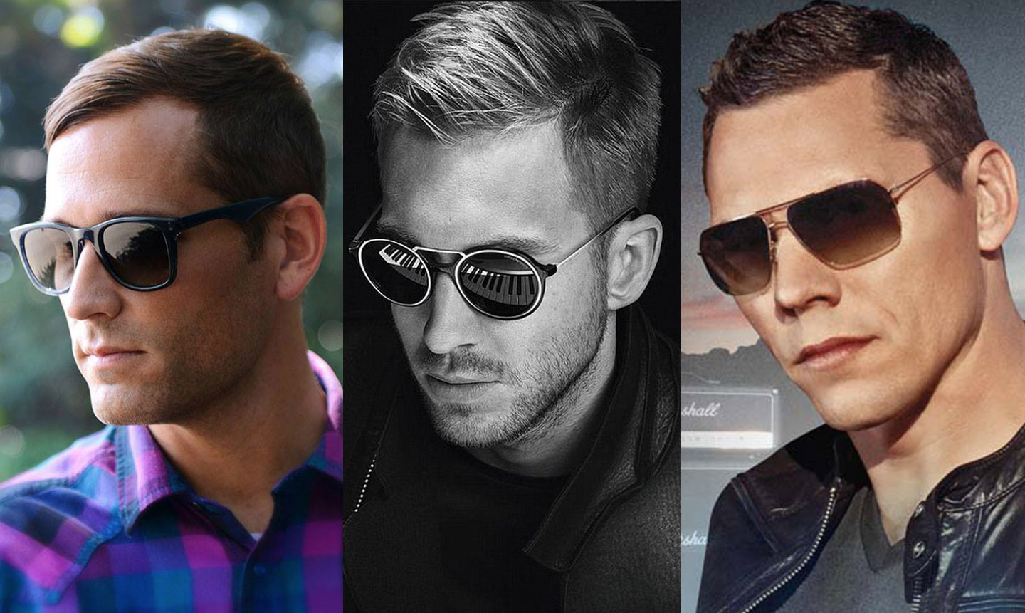 Men&#039;s sunglasses: rectangle black frame sunglasses, round silver frame with piano key reflection, aviator style brown lenses.
