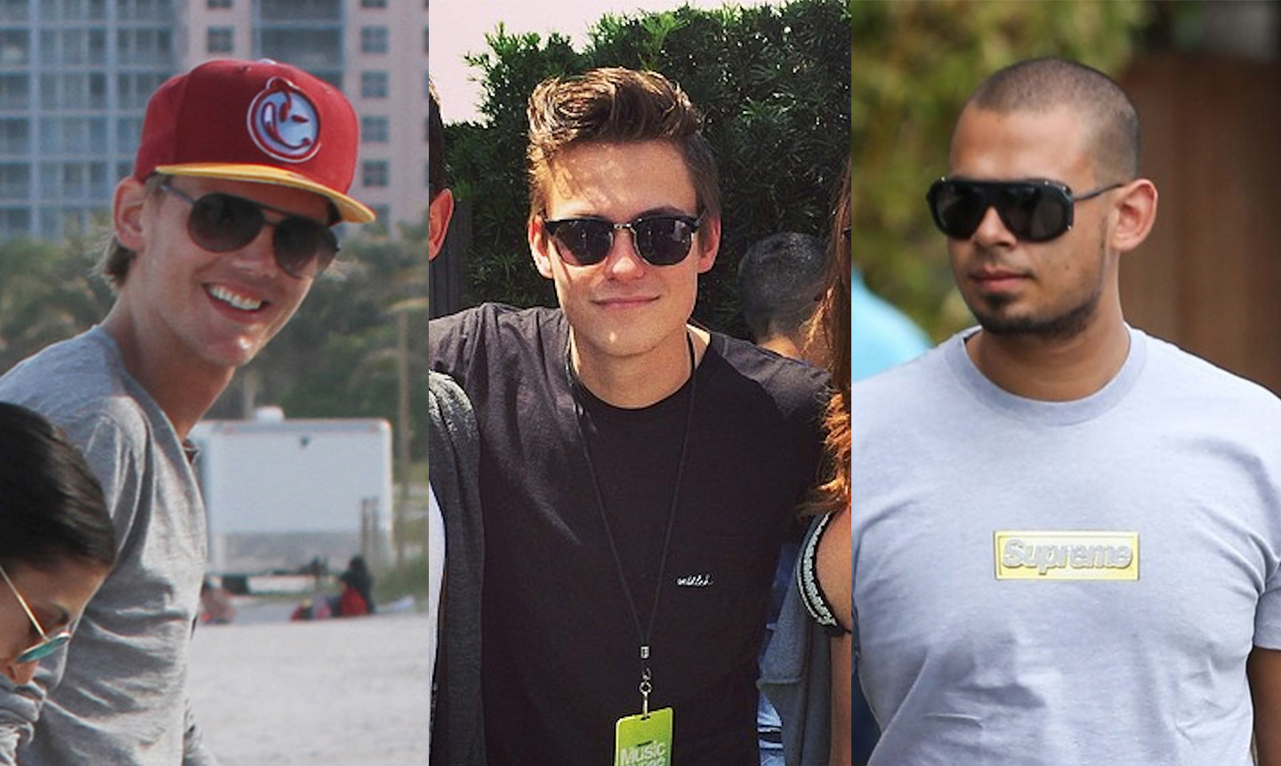 Three individuals wearing sunglasses. One in a red cap, another in a black shirt, the third in a gray &quot;Supreme&quot; T-shirt.
