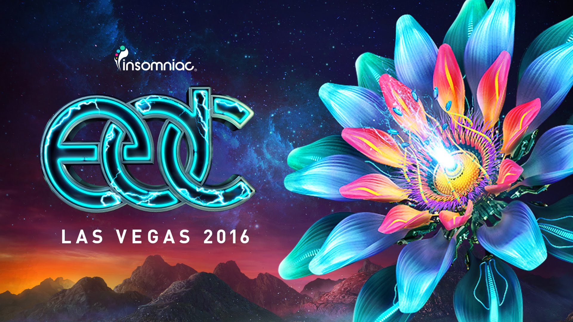 EDC Las Vegas 2016 logo with a vibrant, futuristic flower design and Insomniac logo.