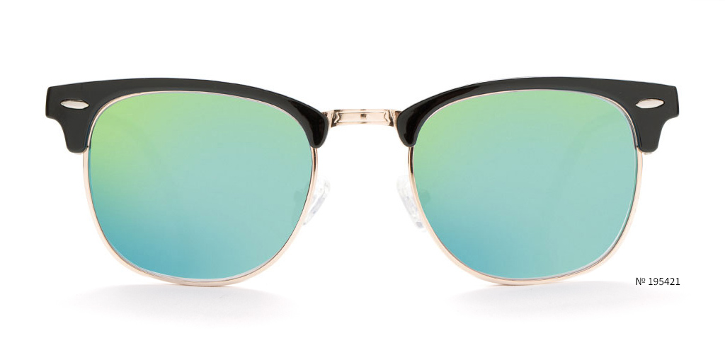 Sunglasses with black frames, silver accents, and green mirrored lenses. Text: Nº 195421.