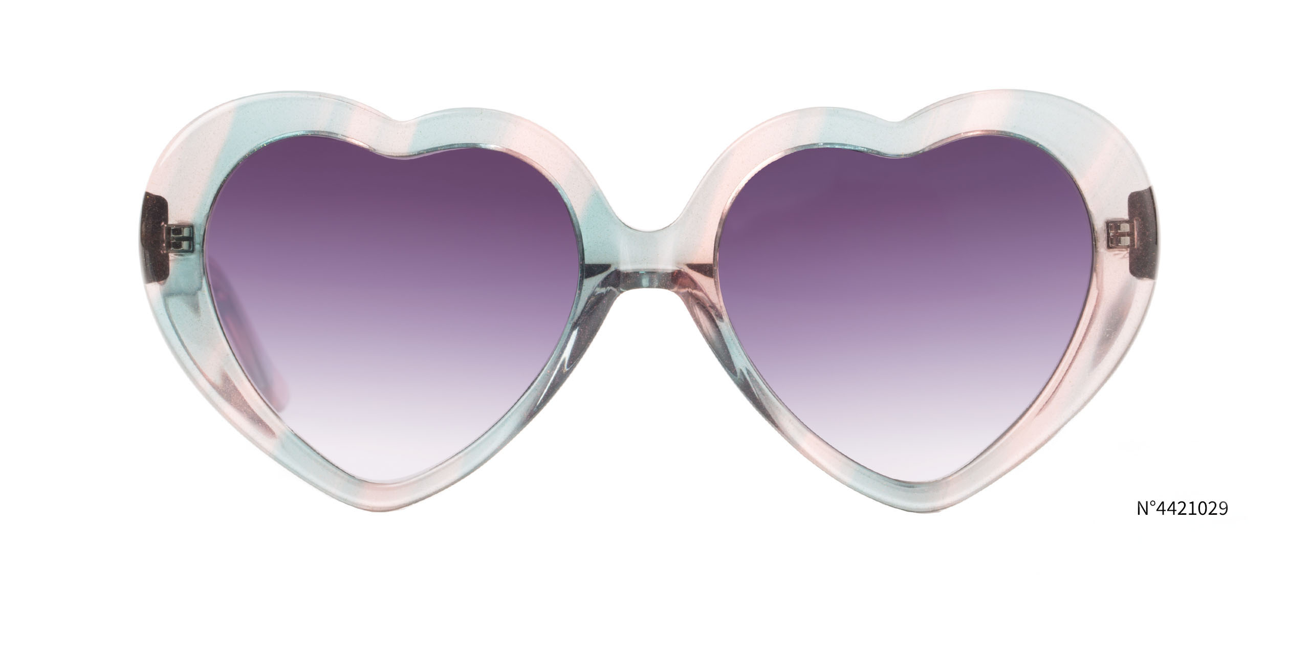 Heart-shaped sunglasses with pink and purple gradient lenses, translucent frame. Text: N°4421029.