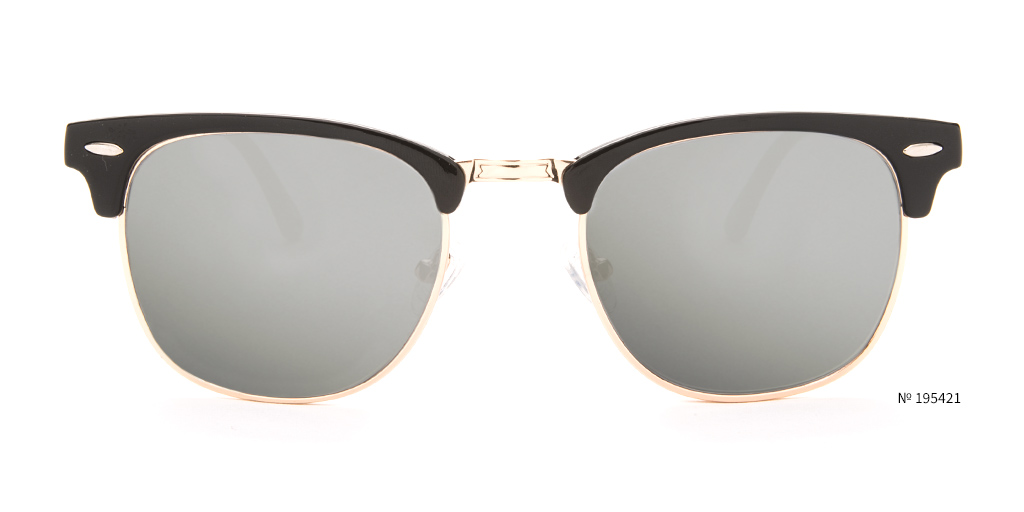 Black sunglasses with gold trim and grey lenses. Text on the right reads &quot;No 195421&quot;.