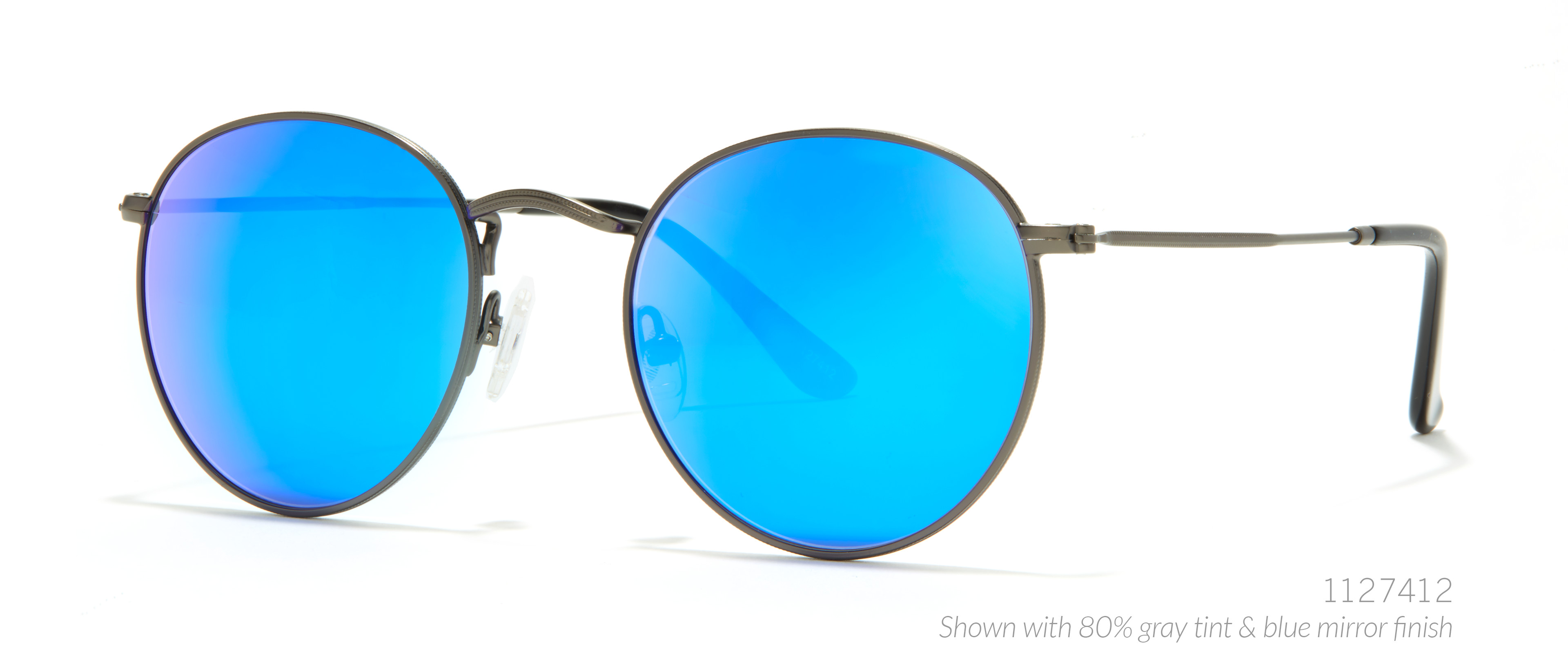 Sunglasses with blue mirror lenses, model number 1127412. Shown with 80% gray tint &amp; blue mirror finish.