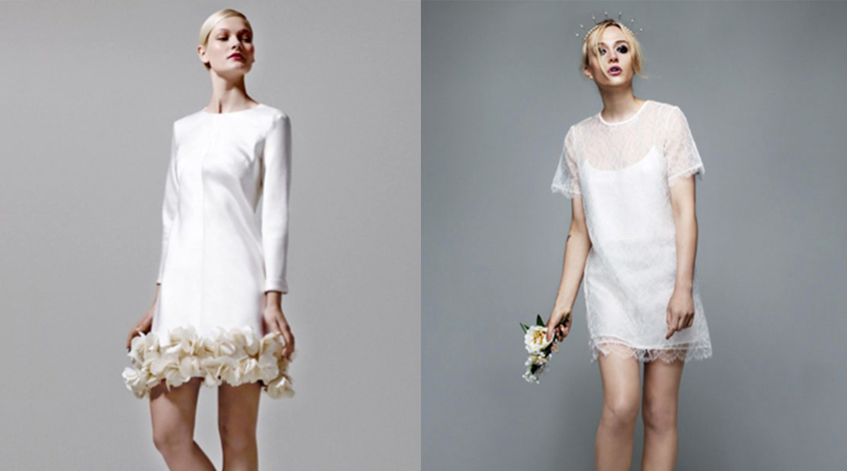 White long-sleeve dress with rose appliques on hem (left), white lace short-sleeve dress (right).