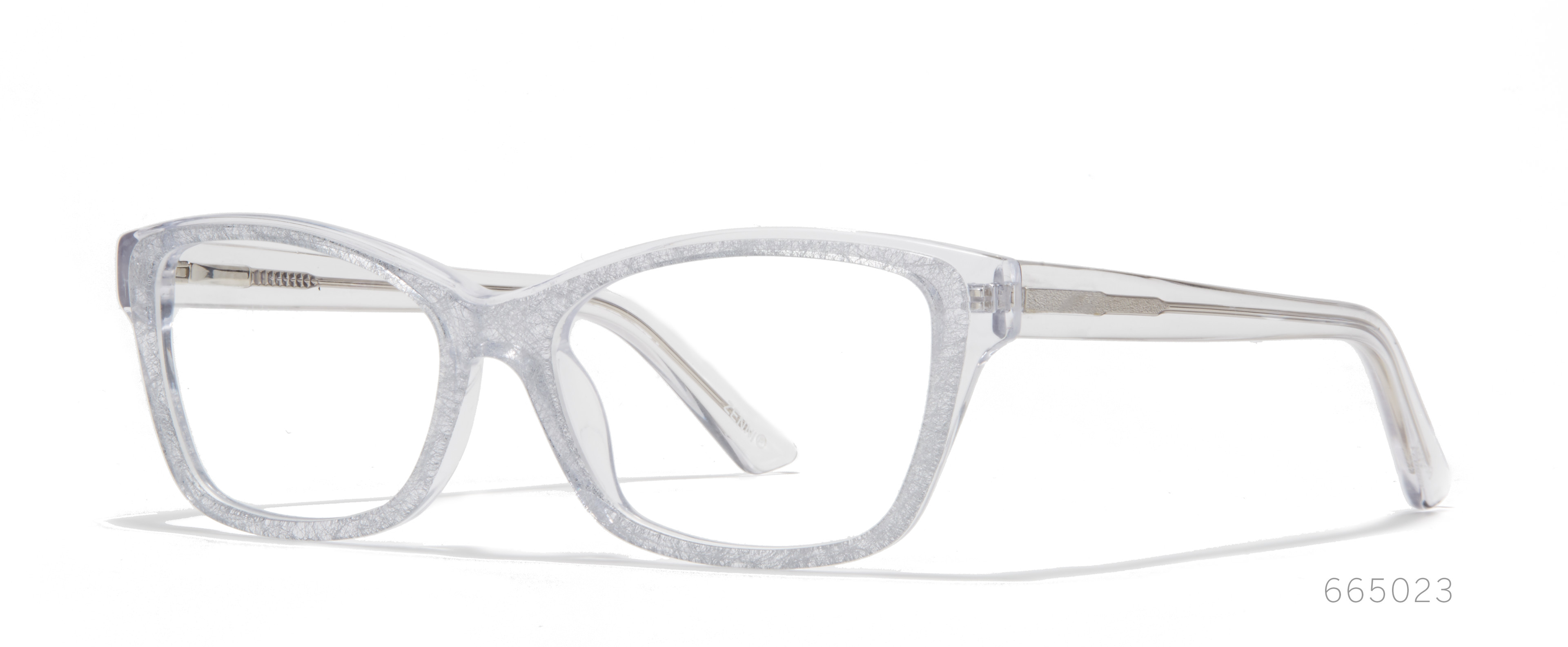Clear eyeglass frames with a subtle cracked texture, model number 665023.
