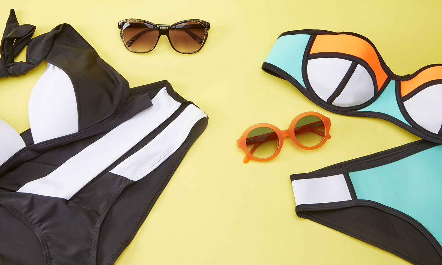 color-blocking bikinis and glasses