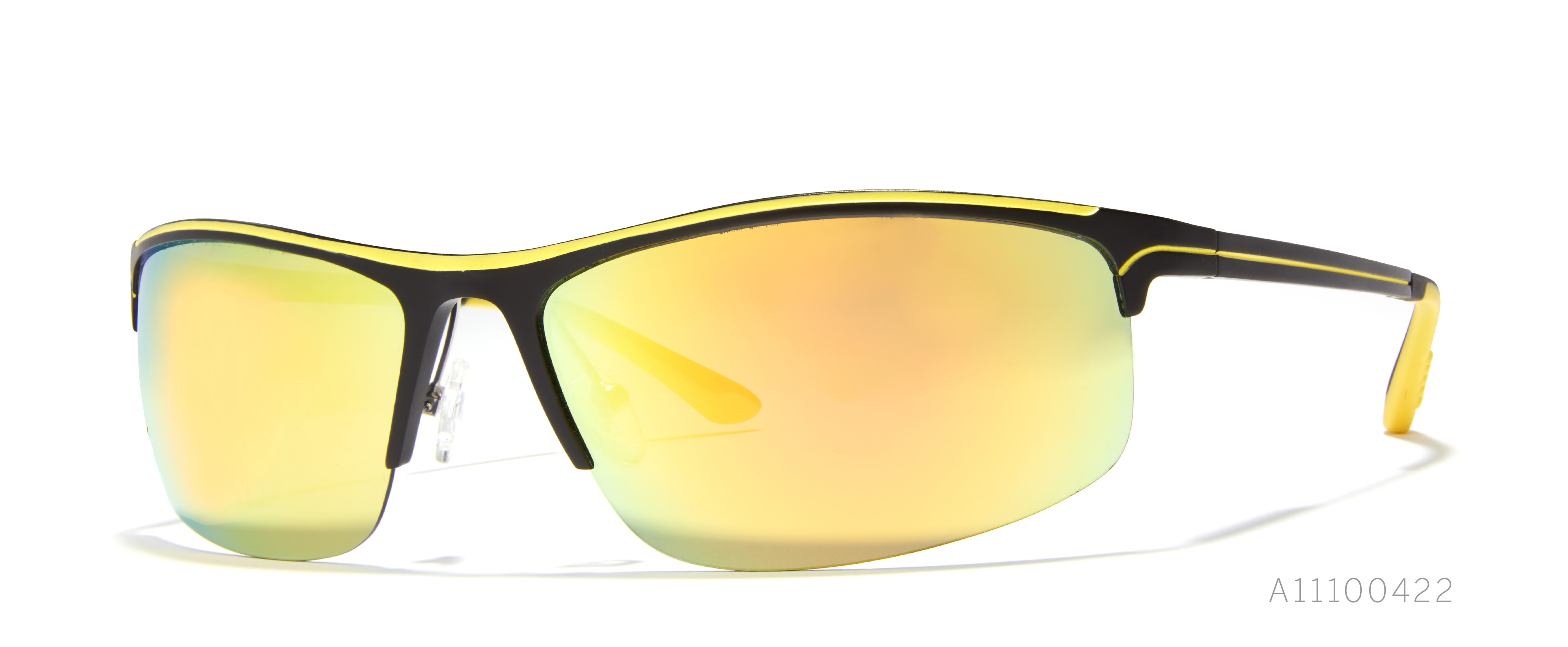 Yellow sports sunglasses with reflective lenses and black accents. Bottom right text: A11100422.