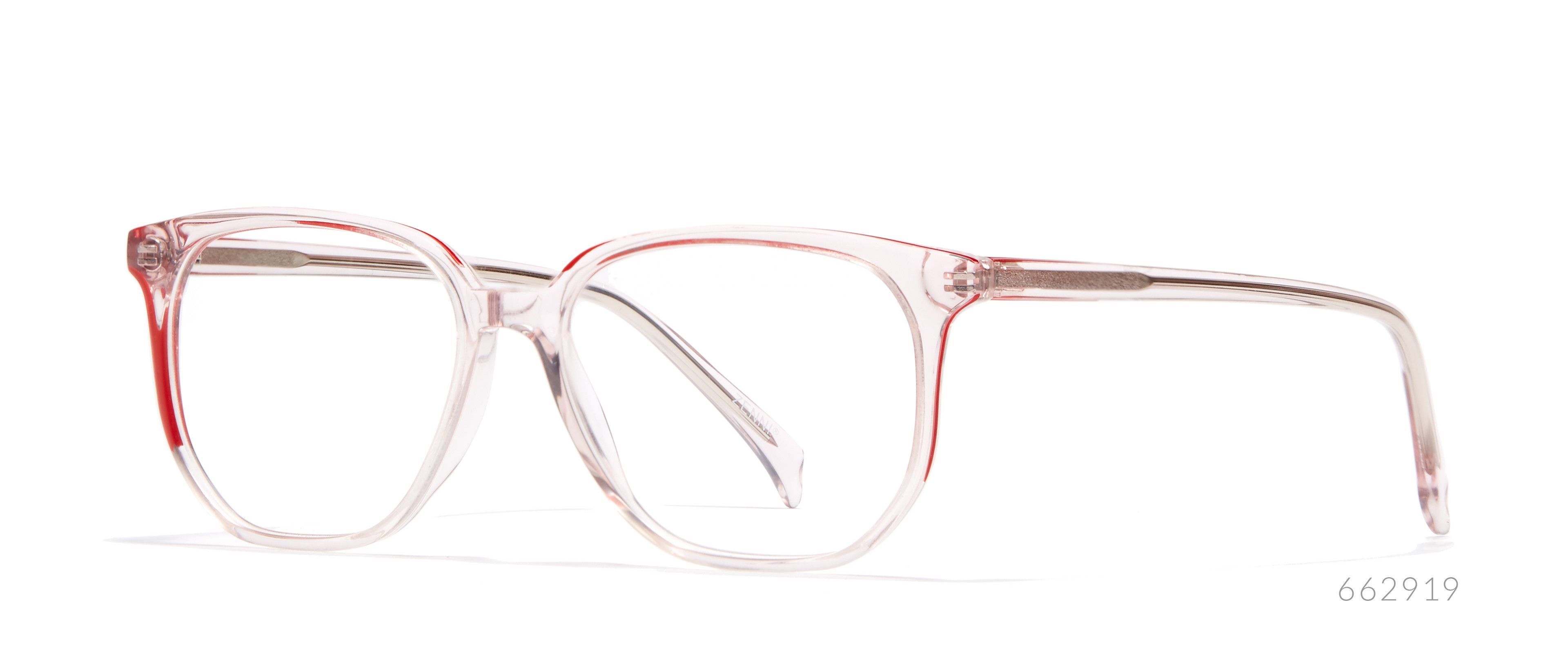Transparent eyeglasses with slight red tint on top half and text &quot;662919&quot; on the bottom right.