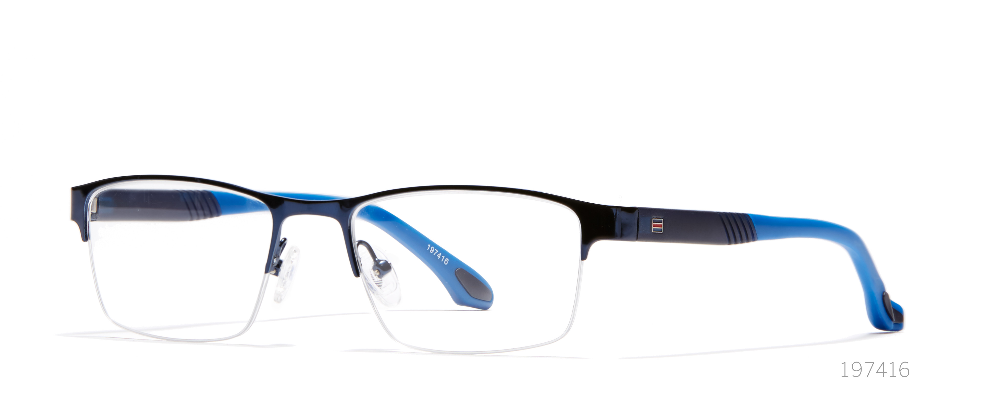Black and blue semi-rimless eyeglasses with the number 197416 on the inner temple.