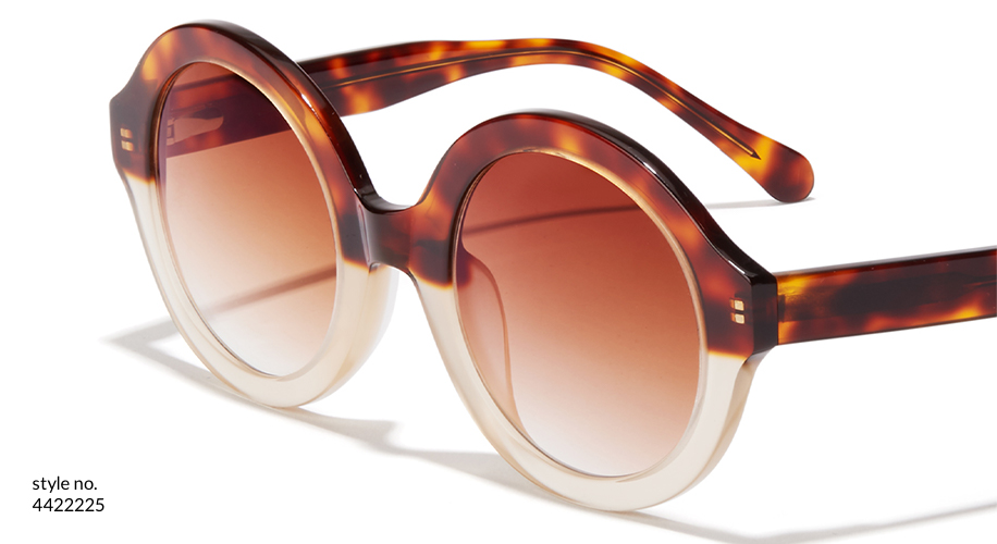 Round tortoiseshell sunglasses with gradient brown lenses. Text: style no. 4422225.
