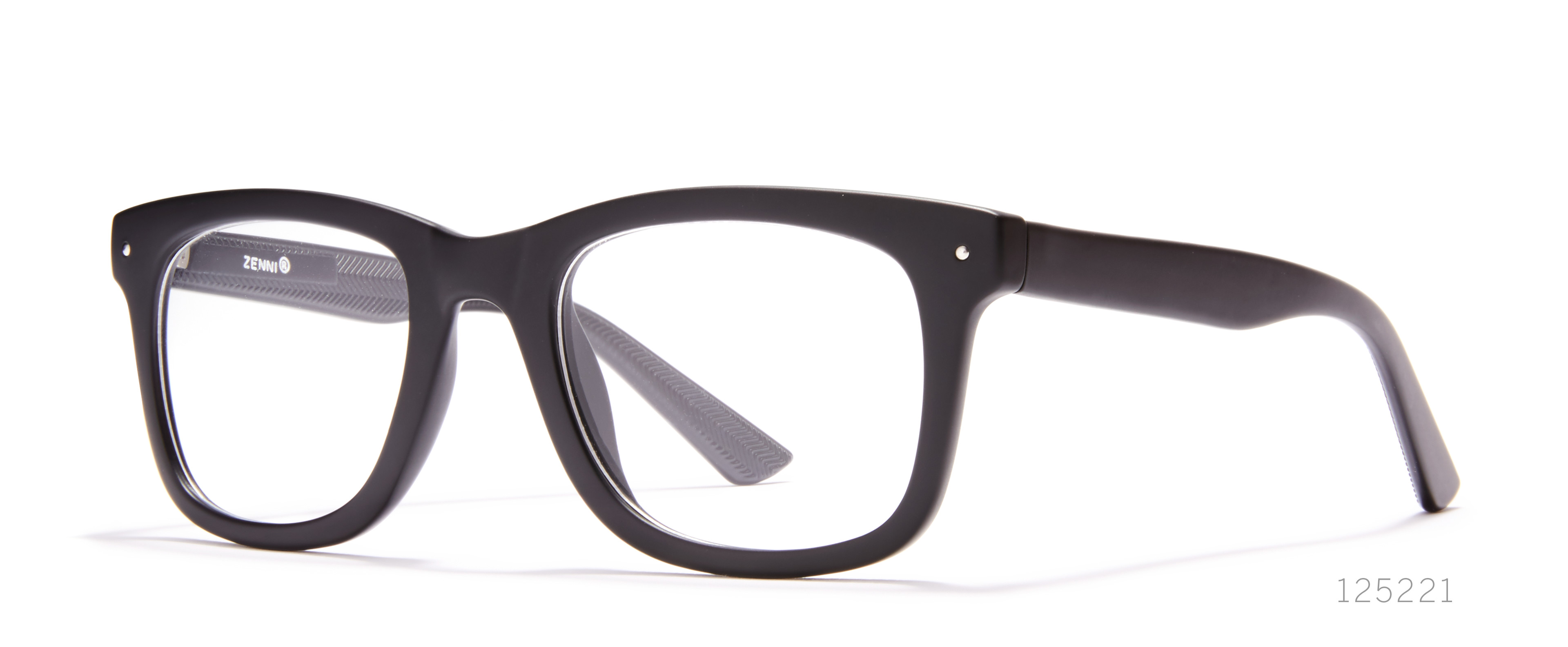 Black eyeglasses frame with &quot;ZENNI&quot; text on the inside of the left temple. Item number: 125221.