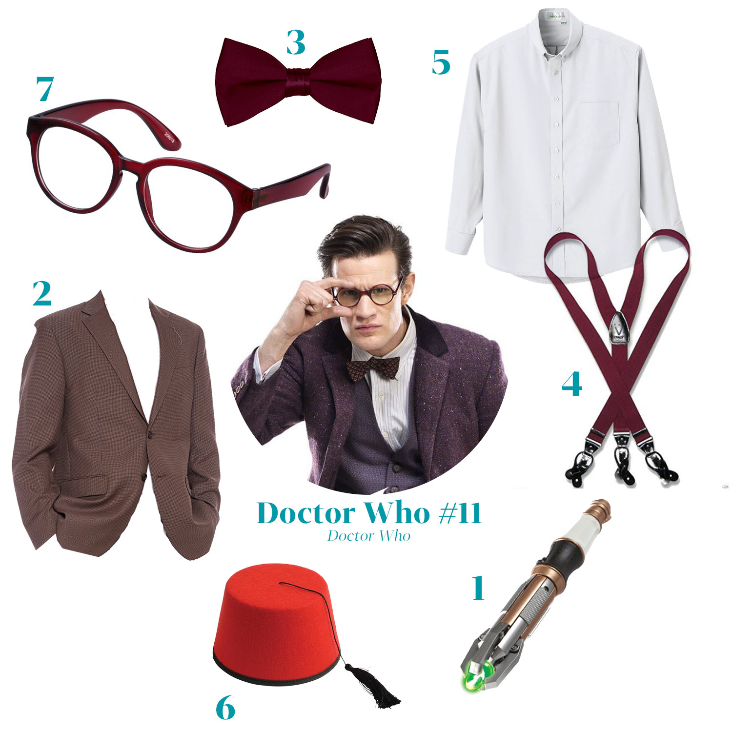 (Set of 7 products inspired by Doctor Who #11: 1. Sonic Screwdriver, 2. Brown Blazer, 3. Red Bow Tie, 4. Red Suspenders, 5. White Button-up Shirt, 6. Red Fez Hat, 7. Red