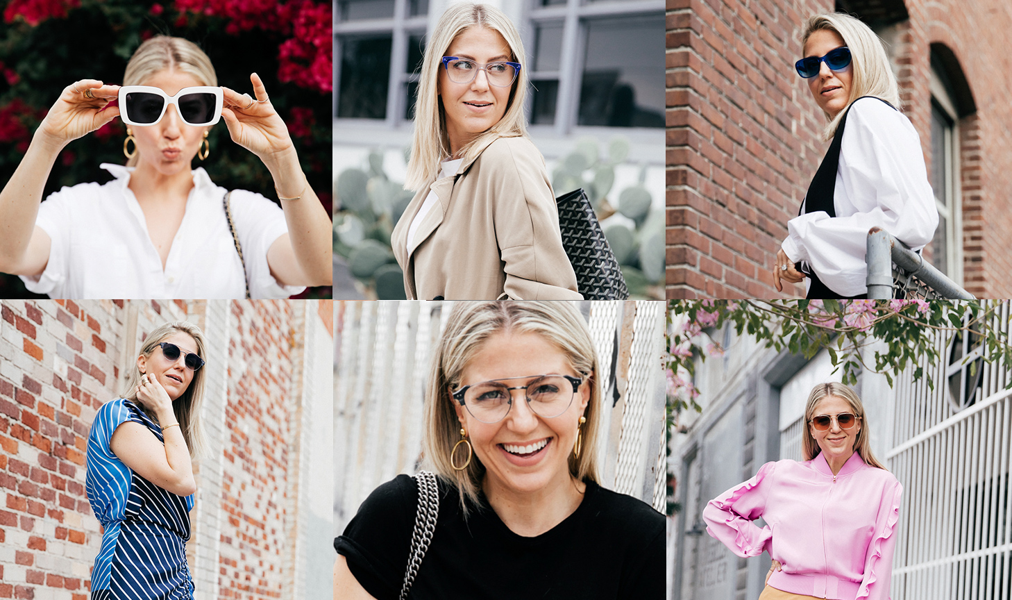 Woman wearing various stylish sunglasses and eyeglasses in different outfits.