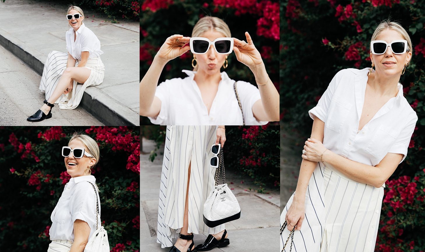 Woman wearing white square sunglasses, a white short-sleeve blouse, and a high-waisted striped skirt.