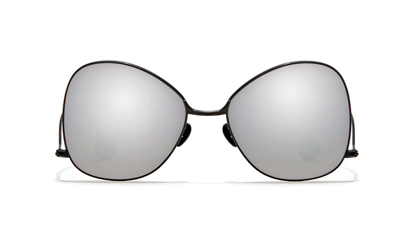Black oversized butterfly sunglasses with reflective silver lenses.