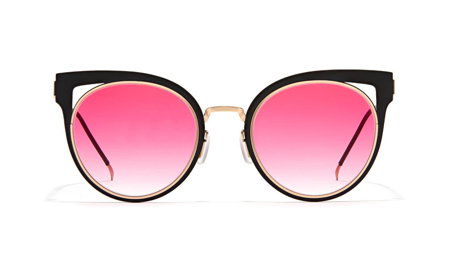 Black-framed sunglasses with round, gradient pink lenses and gold accents.