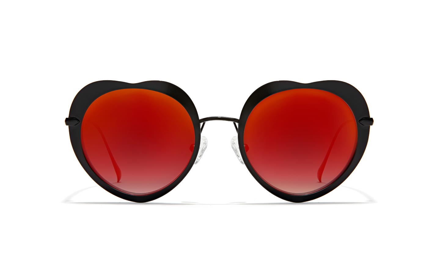 Heart-shaped sunglasses with black frames and red gradient lenses.