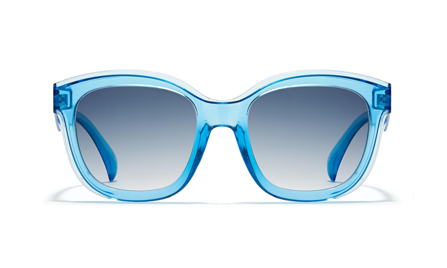 Blue-framed fashion sunglasses with gradient lenses.