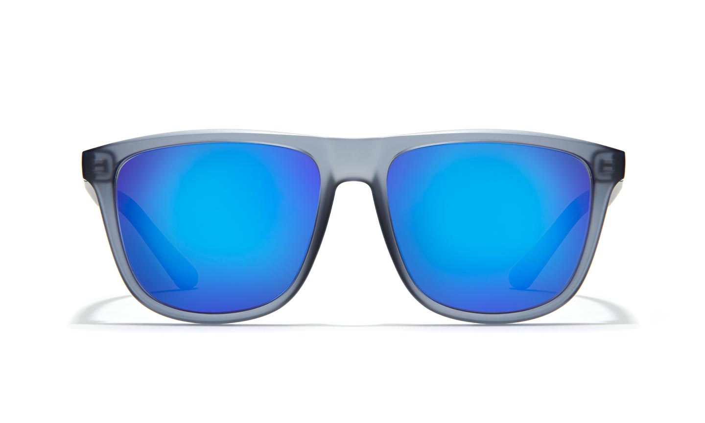 Gray-framed sunglasses with reflective blue lenses.