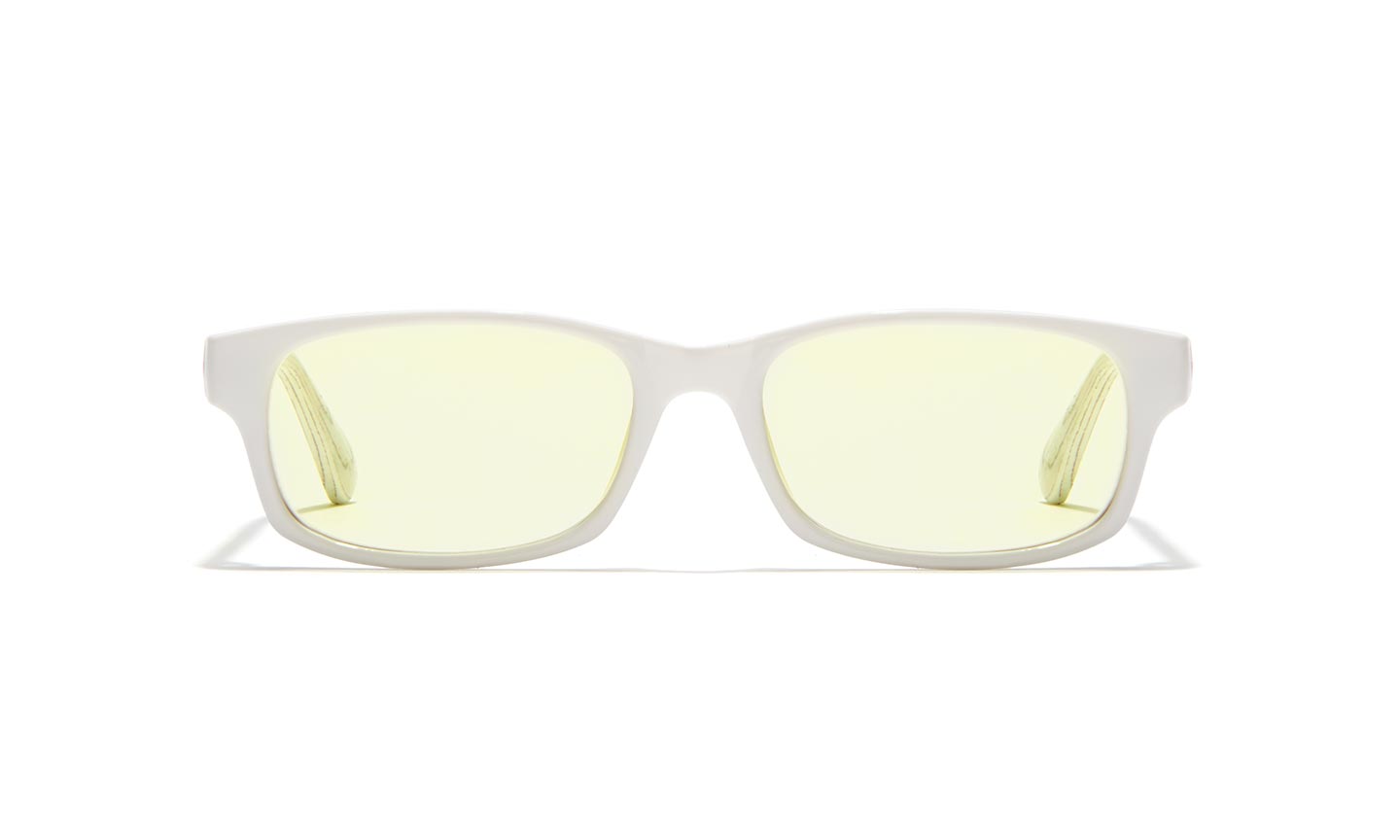 White rectangular eyeglass frames with lightly tinted yellow lenses.
